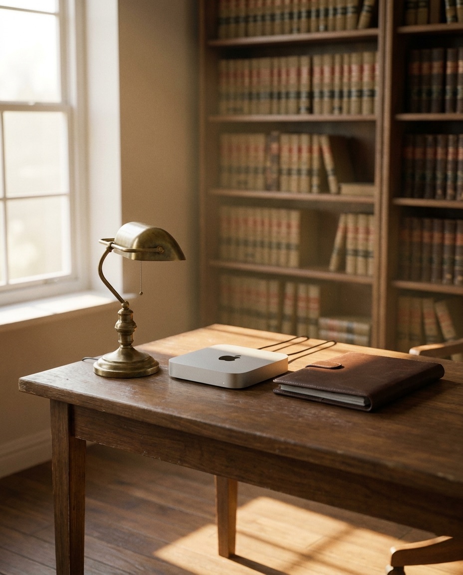 A Mac Mini running quietly on a wooden desk in a small law office, warm morning light